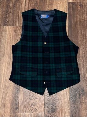 Pendleton Black & Dark Green Tartan Wool Vest
